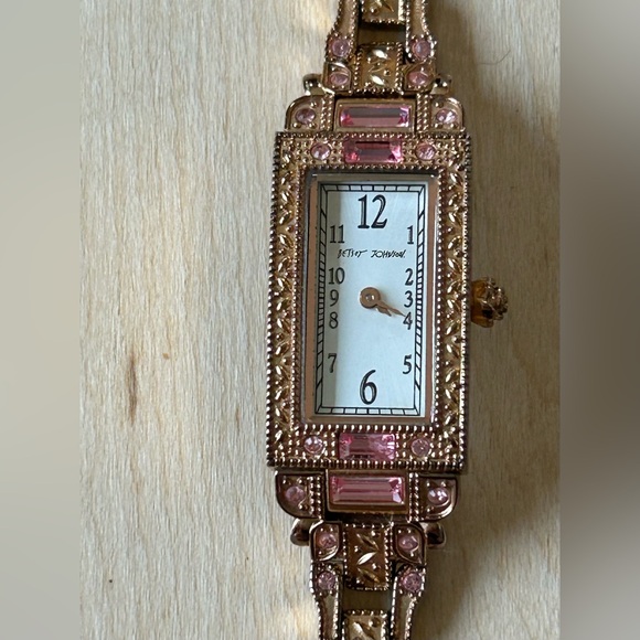 Betsey Johnson Women’s Pink Crystal Rose Gold Art Deco Watch - Picture 1 of 6
